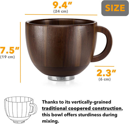 Wooden Bowl with Handle, Kitchen Space Aid Acacia Wood Mixing Bowls Holder for Stand Mixer, Compatible with 4.5 & 5 QT Tilt-Head Models Kitchen, Natural Wood3