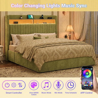 Queen Upholstered Platform Bed Frame with 3 Spacious Storage Drawers, Built-In LED Lights & Charging Station, Vertical Tufted Headboard with Shelf, No Box Spring Needed, Velvet Green5