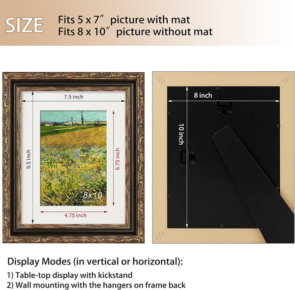 Antique 8X10 Picture Frame, Ornate Embossing Frame with Paper Mat and Real Glass, Fit for 8X10 without Mat or 5X7 with Mat, Tabletop or Wall Mounting Display, Bronze and Antique Gold, 1 Pack5