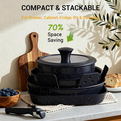 21 Pcs Pots and Pans Set Non Stick with Detachable Handle & Grill Pan, Induction Ceramic Cookware Set, Non Toxic Kitchen Pots and Pans Set for Rvs,Camping, Oven/Dishwasher Safe, Black5