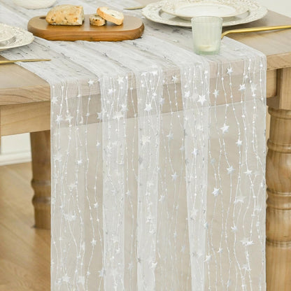 Stars White Gauze Table Runner 10FT, Glitter Metallic Foil Sheer Dining Wedding Anniversary Holiday Birthday Table Decor for Home Party1