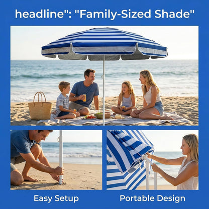 6Ft Beach Umbrella - Heavy Duty Wind Resistant UV 50+ Portable Sun Shade with Sand Anchor & Carry Bag, Outdoor Folding Umbrella for Beach, Pool, Patio, Garden (Blue Strip) No Tilt the Sand Needs to Exceed the Spiral 6Inch3