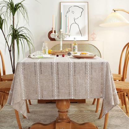 60 X 84 Inches Farmhouse Style Linen Tablecloths, Wrinkle Resistant Washable Dining Room Table Cloths for Rectangle Tables - Hemstitch Light Coffee1