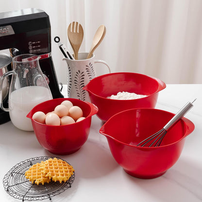 Mixing Bowls Set, 3 Piece Melamine Nesting Bowls with Pour Spout, Non-Slip Base, Great for Prepping, Baking, Mixing Cooking, BPA Free and Dishwasher Safe, Red3