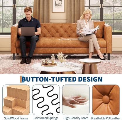 81" Leather Couch for Living Room, Chesterfield Sofa with Deep Seat, Handmade Button Tufted 3 Seater Sofa, Modern Leather Sofa for Apartment, or Office, Cognac Tan4