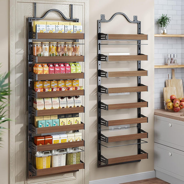 8-Tier Pantry Door Organizer, over the Door Pantry Organizer with Wooden Adjustable Baskets, 2 in 1 Spice Rack Wall Mount or Door Organizer, Door Spice Rack for Pantry（72.6×17.1×5.1In,Black)1
