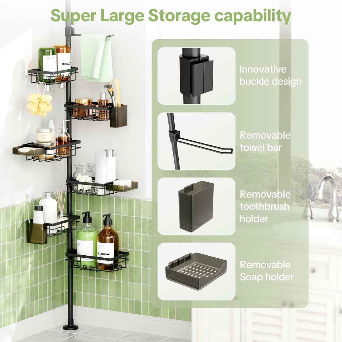 shower-tension-rod-organizer-6-tier-rustproof-corner-shower-caddy-tension-pole-with-soap-holder-hooks-adjustable-30-121-inch-bathroom-shelf-for-renters-family-stand-storage-rack-black