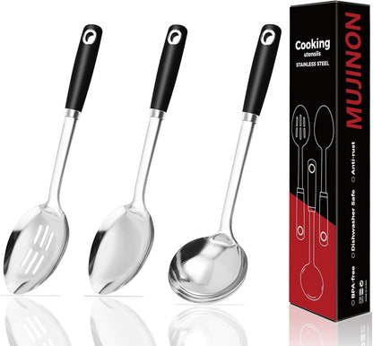 14-In Cooking Spoons Set, Heavy Duty 18/0 Stainless Steel Large Serving Spoons Set, Slotted Spoon, Cooking Spoon & Soup Ladle, Commercial and Residential Use, Pack of 31