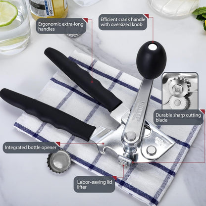 Commercial Can Opener Heavy Duty, Hand Crank for Large Cans, Black | Manual Can Opener, High-Carbon Blade, Extra-Long Handle, Oversize Knob, Built-In Magnet & Bottle Opener, for #10 Cans2