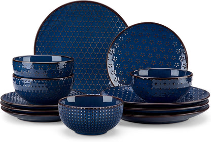 12 Pieces Dinnerware Sets, Modern Plates and Bowls Sets, Blue Dish Set for 4, Kitchen Ceramic Dinner Plates Dishware Set, Microwave and Dishwasher Safe, Series LYDIA1
