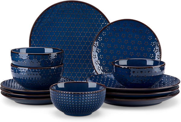 12 Pieces Dinnerware Sets, Modern Plates and Bowls Sets, Blue Dish Set for 4, Kitchen Ceramic Dinner Plates Dishware Set, Microwave and Dishwasher Safe, Series LYDIA1