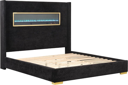 Calliope Modern Boucle Bed Frame with 3D Fireplace Headboard, Bluetooth Speaker and USB Slot, Upholstered Bedframe, No Box Spring Required for Home, Bedroom, Queen, Black8