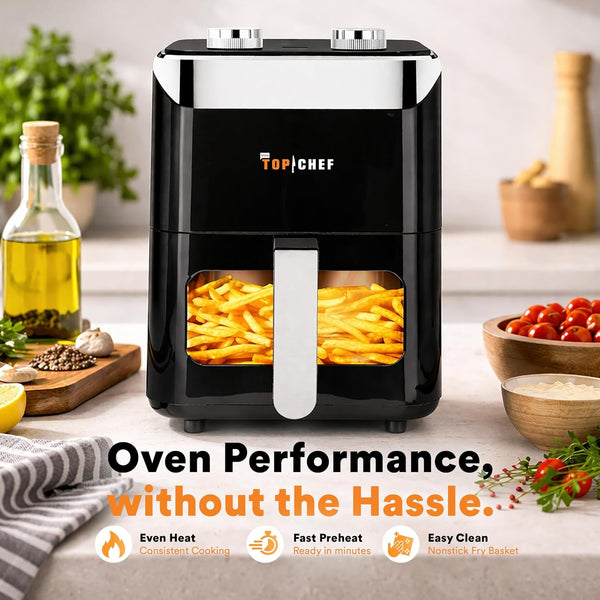 Top Chef 3.5L / 3.7QT Air Fryer with Viewing Window, 1400W Rapid Hot Air Cooker, Adjustable Temperature and Timer, Nonstick Basket, Compact Oil-Free Fryer for Crispy Meals and Snacks3