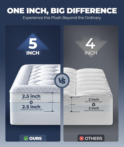 5 Inch Mega Support Memory Foam Queen Mattress Topper for Pressure Relief, Dual Layer 2.5" Pillow Top Mattress Topper Queen plus 2.5" Cooling Gel Infused Memory Foam Mattress Pad2