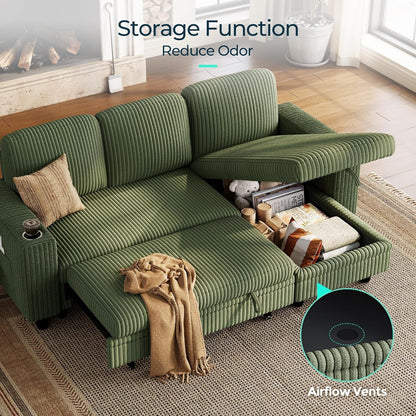 Sectional Sleeper Sofa Couch with Storage Chaise & USB Charging, Plush Corduroy Convertible Pullout Sofa Bed, Modular Sectional Couches for Living Room Bedroom (Green, 81'' L-Shaped Sofa)7