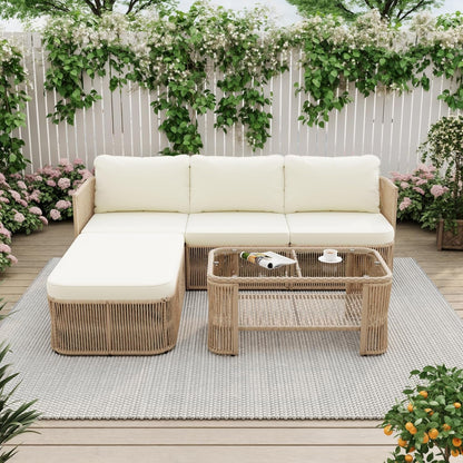 Outdoor Patio Furniture Set, PE Rattan Wicker Conversation Sofa Set with Iron Frame Cushions and Glass Top Coffee Table, Modular Backyard Balcony Seating Set, Dark Beige1