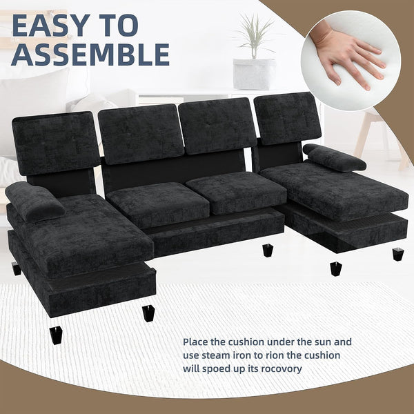 U-Shaped Sectional Couches for Living Room, 4 Seat Sofa with Double Chaise Lounges,Solid Wood Frame Sectional Sofa for Apartment,White4