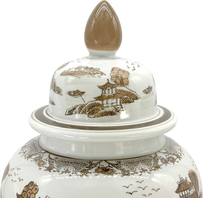 Large 25" Brown & White Classic Landscape Chinoiserie Ceramic Temple Jar W/Lid - Ginger Jar Home & Kitchen Decor for Interior Design - 25-Inch6