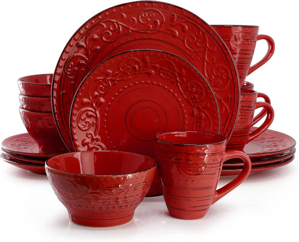 Malibu Ocean Bloom 16-Piece Stoneware Embossed Pattern Reactive Glaze Red Dinnerware Set, Tableware, Serveware Set (Ocean Bloom Red)1