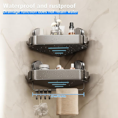 Suction Cup Shower Caddy Corner, 2 Pack Suction Corner Shower Shelves No Drilling, Rustproof Shower Organizer Suction Cup with Towel Holder & Hooks Removable Bathroom Storage Rack(Gray)4