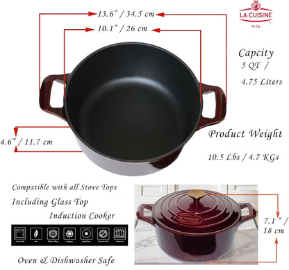La Cuisine Enameled Cast Iron Dutch Oven Casserole Pot with Golden Handle for Lid, Internal Matte Black Enamel Coating, 5 QT 10.5" / 26Cm Ø, Oven-Safe 550°F/276°C, Cranberry9