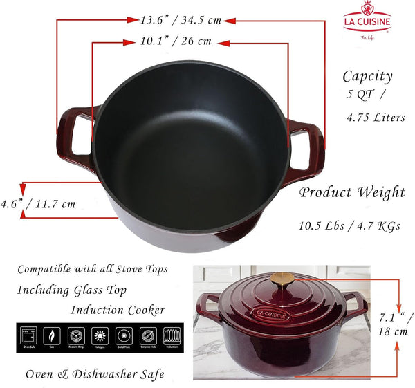 La Cuisine Enameled Cast Iron Dutch Oven Casserole Pot with Golden Handle for Lid, Internal Matte Black Enamel Coating, 5 QT 10.5" / 26Cm Ø, Oven-Safe 550°F/276°C, Cranberry9