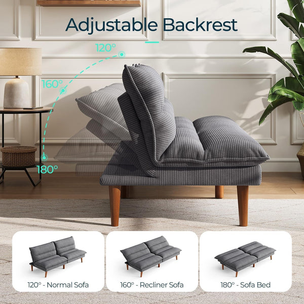 66" Futon Sofa Bed, Corduroy Futon Couch with 3-Position Adjustable Backrest, Convertible Sofa Bed Loveseat, Small Couches for Small Spaces, Living Room, Office, Guest Room (Grey)3