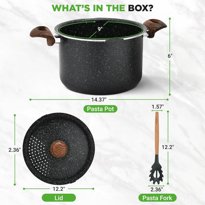 5Qt Pasta Pot with Strainer Lid & Pasta Fork | Non-Stick Cooking Pot | Lockable Lid, Heat Resistant Handles | Even Heat Distribution | Easy Clean | Black Marble7