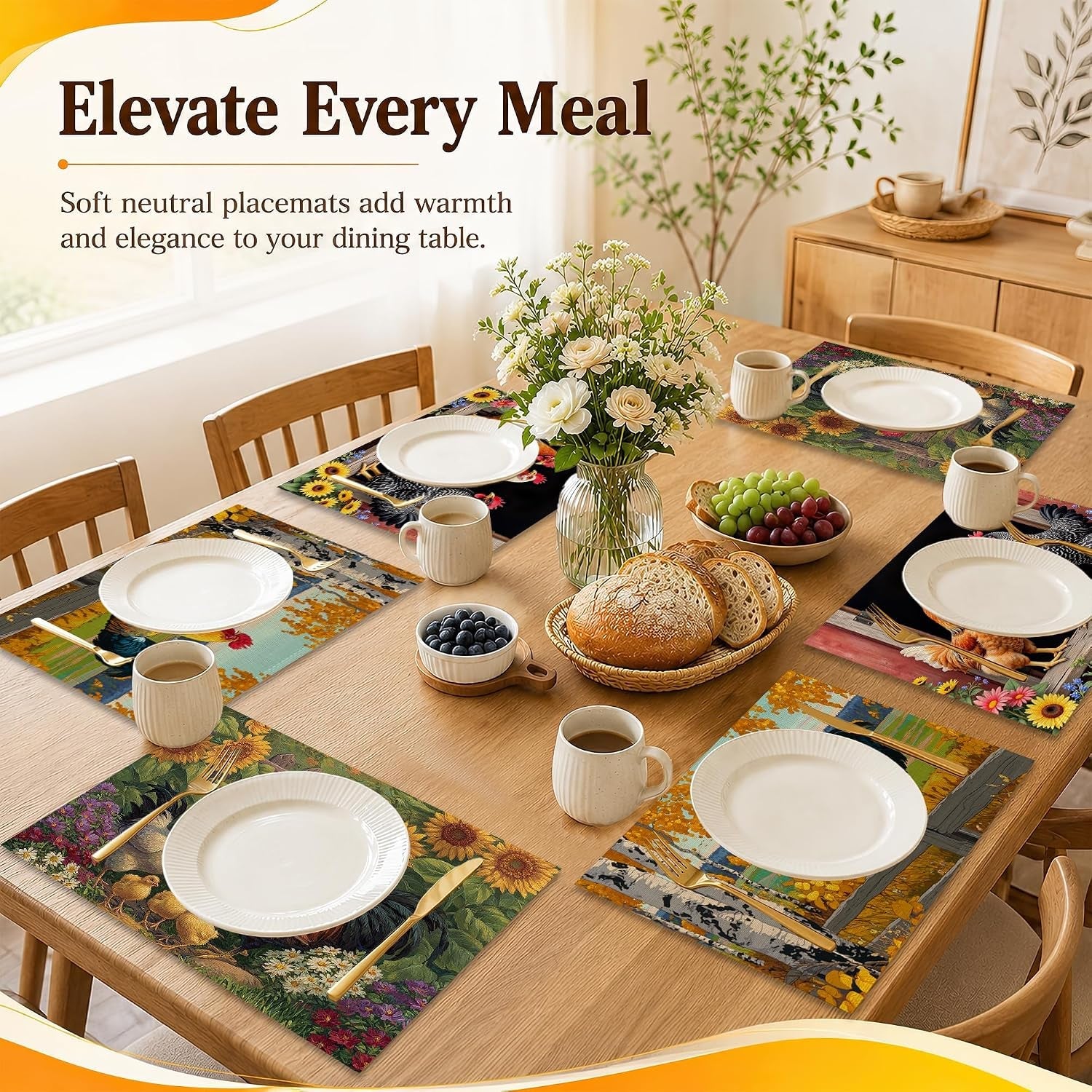 linen-placemats-set-of-6-farmhouse-chicken-sunflower-12-x-18-inch-dining-table-mats-washable-waterproof-stain-resistant-reusable-place-mats-for-kitchen-indoor-outdoor-home-party-decor