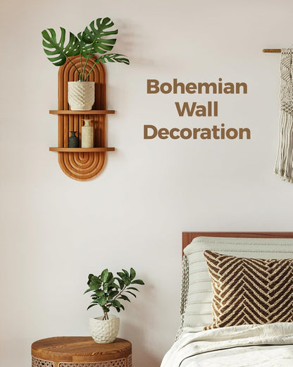 Boho Wall Decor Plant Wall Shelf Wood Plant Holder 2 Tier Brown | Mid Century Modern Decor Hanging Plant Shelf Wooden Floating Shelves for Home Bedroom Living Room Holding Planter Decoration3
