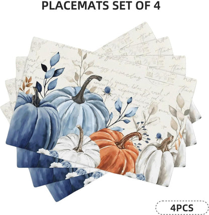 Fall Placemats Set of 4 Blue Orange Pumpkin Leaves Decor Place Mats 12X18 Inch Autumn Leaf Harvest Thanksgiving Decorative Linen Table Mats for Home Kitchen Dining Party Table Decoration2