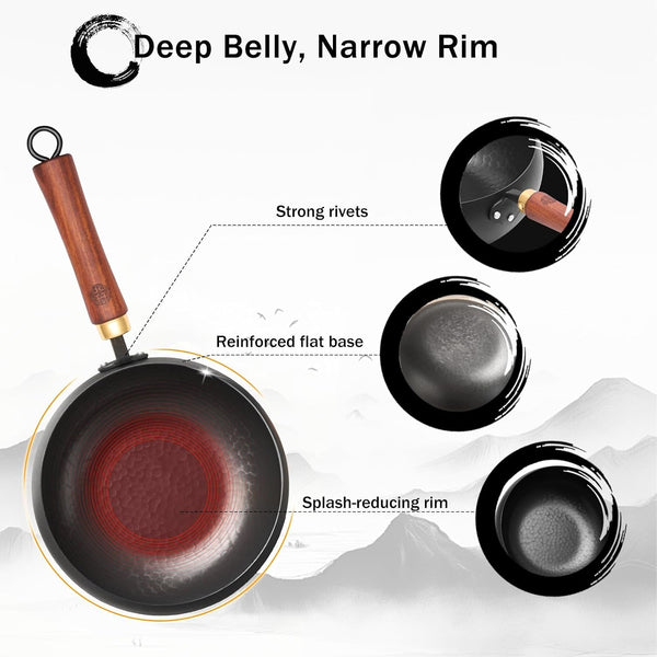 Carbon Steel Wok Pan Flat Bottom Iron Stir Fry Pan Induction Cookware 9.5 Inch Uncoated Small Traditional Skillet with Lid5
