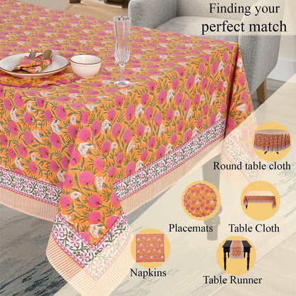 '-Bubblegum Pink Cotton Tablecloth, Handblock Print Floral Table Cloth for Kitchen Dining Linen I Thanksgiving, Christmas, Wedding, Fall Décor 4 Seater 60X60 Inches Square8