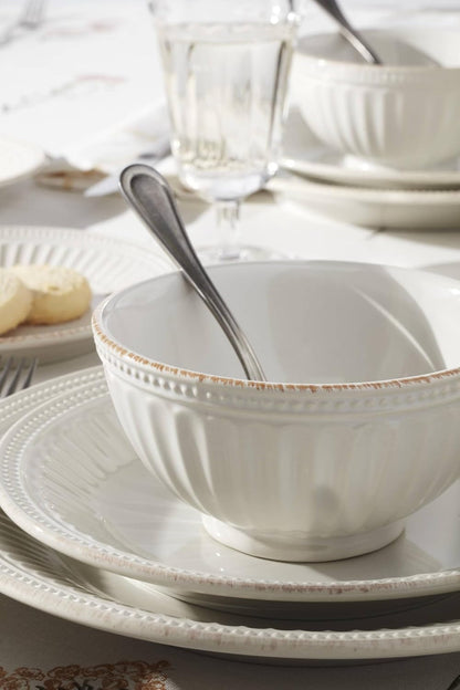 French Perle Groove White Stoneware 24-Piece Dinnerware Set for 87