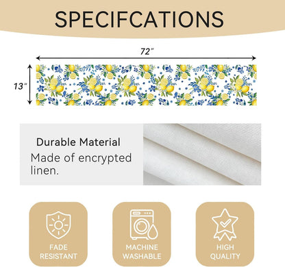 Lemon and Blue Floral Table Runner, 72 X 13 Inches, White, Summer Spring5
