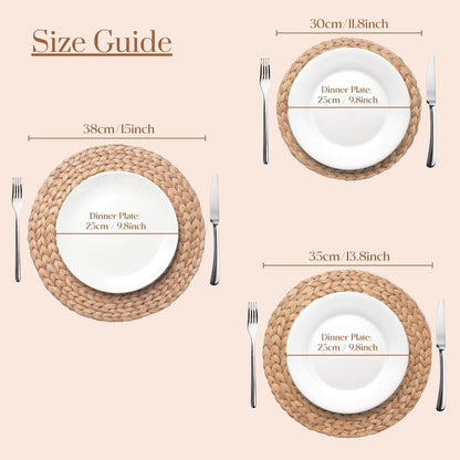 Farmhouse-style dining table set with natural woven placemats and neutral tableware.