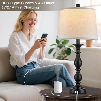 28" Black Modern Table Lamps Set of 2 with USB C+A Ports and AC Outlet, 3 Way Touch Control Tall Bedside Lamps for Bedroom, Metal Farmhouse Nightstand Lamps for Living Room3