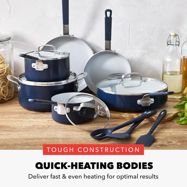 X Bobby Flay 13 Piece Nonstick Cookware Pots and Pans Set, Pfas-Free Diamond Ceramic, Induction Suitable, Easy Clean Dishwasher & Oven Safe, Stay-Cool Silicone Handles, Glass Lids, Navy Blue5