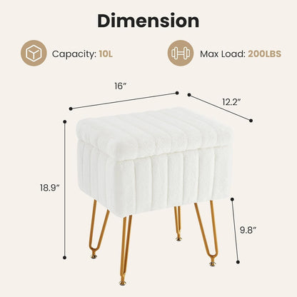 Vanity Stool Chair Ottoman with Storage, Makeup Cute Soft Small Footstool Modern Style Faux Fur Seat with 4 Metal Legs & Adjustable Feet for Dressing Living Room Bedroom Dorm3