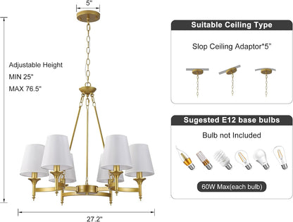 Gold Farmhouse Chandelier, 27.2" 6-Light round Pendant, White Fabric Shades6