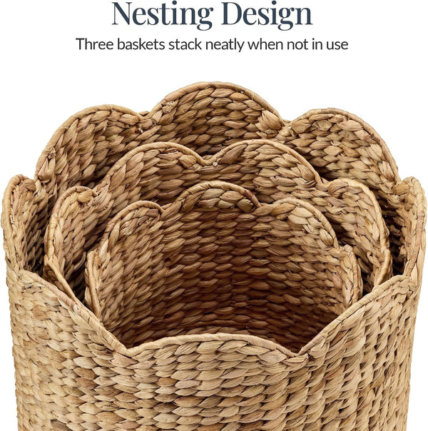 3Pc Water Hyacinth Scalloped Multipurpose Nesting Baskets, Storage Bin Organization Totes for Living Room, Bedroom, Nursery, Laundry Room - Natural5