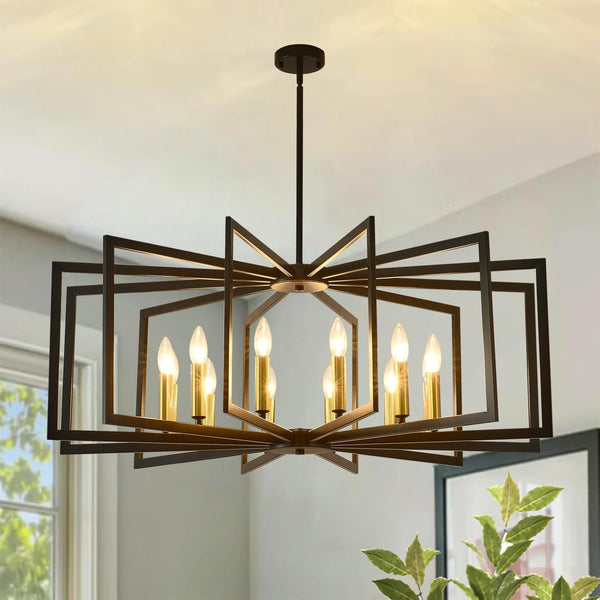 Black Chandelier for Dining Room,12-Light Large Dining Room Light Fixture Modern Geometric Metal Hanging Industrial Chandeliers for Entryway Kitchen Island Foyer Farmhouse Chandeliers (Black Gold)1