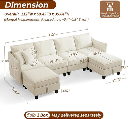 112" Modular Sectional Sofa U Shape Couches with Storage Ottoman and Washable Cushion Cover for Living Room, Bedroom, Apartment(Beige)2