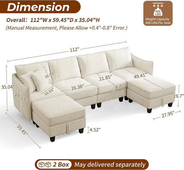 112" Modular Sectional Sofa U Shape Couches with Storage Ottoman and Washable Cushion Cover for Living Room, Bedroom, Apartment(Beige)2