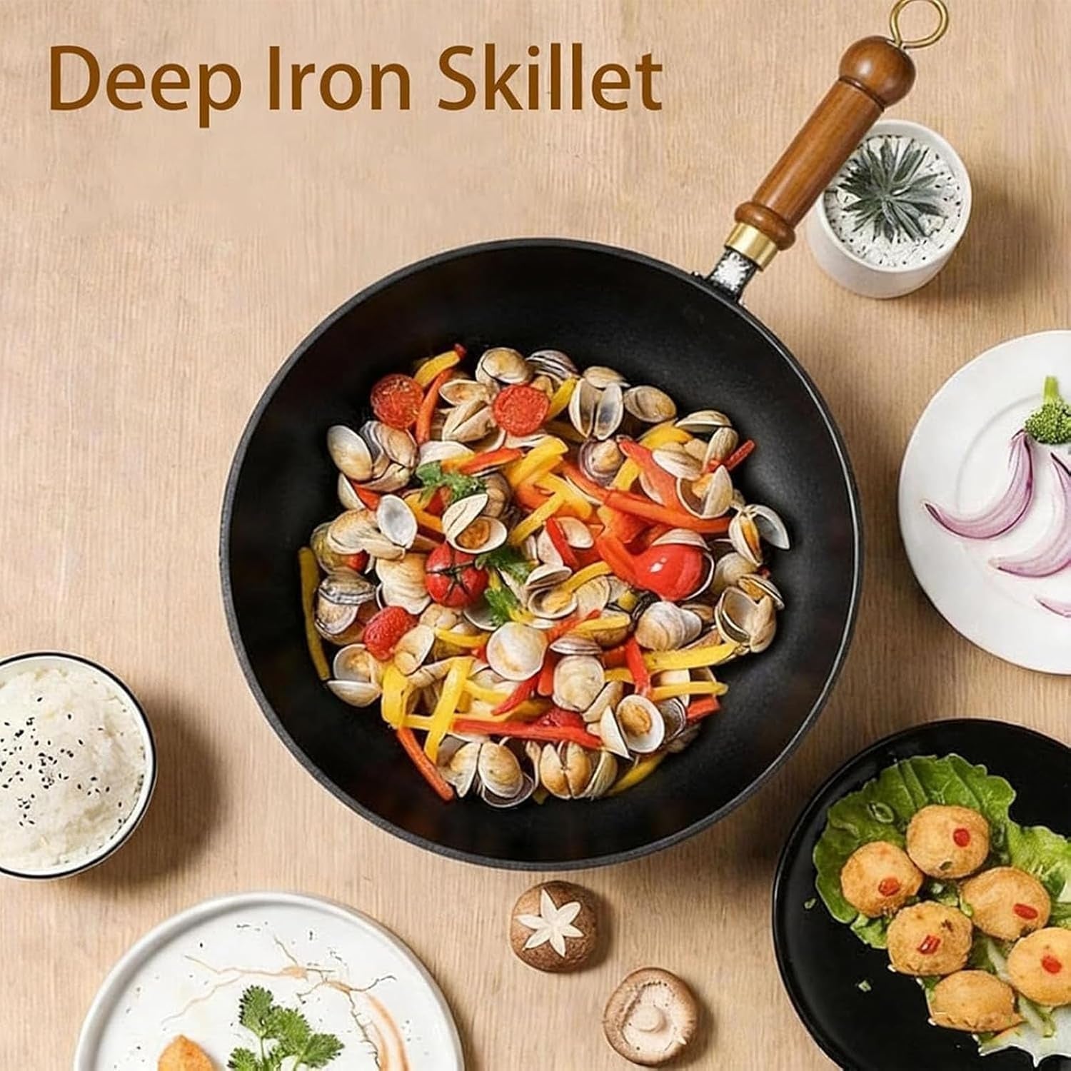 japanese-cast-iron-wok-with-wooden-lid-spatula-11-inch-hand-hammered-uncoated-iron-pot-naturally-non-stick-frying-pan-heavy-duty-cookware-for-induction-gas-electric-stoves-glass-lid-10-2in