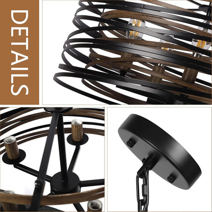 19.7'' Farmhouse Dining Room Light Fixture, 5-Light Metal Drum Chandelier, Black with Retro Wood Texture Interior7