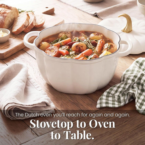 5.5 Qt Pumpkin Enameled Cast Iron Dutch Oven Pot, White | Pumpkin Cocotte for Soups, Stews, Braising & Sourdough Bread Baking. Oven Safe to 500°F. Induction Compatible.6