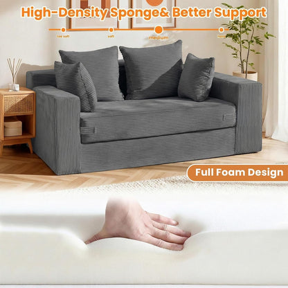 Winzon Boneless Loveseat, 3 in 1 Convertible Sofa Bed Sleeper Sofa Floor Futon Bed with 4 Pillows, 55" Grey Boneless Couch for Living Room, Guest Room, Small Space, No Assembly Required, Corduroy4