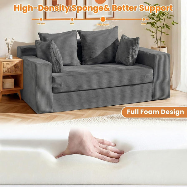 Winzon Boneless Loveseat, 3 in 1 Convertible Sofa Bed Sleeper Sofa Floor Futon Bed with 4 Pillows, 55" Grey Boneless Couch for Living Room, Guest Room, Small Space, No Assembly Required, Corduroy4