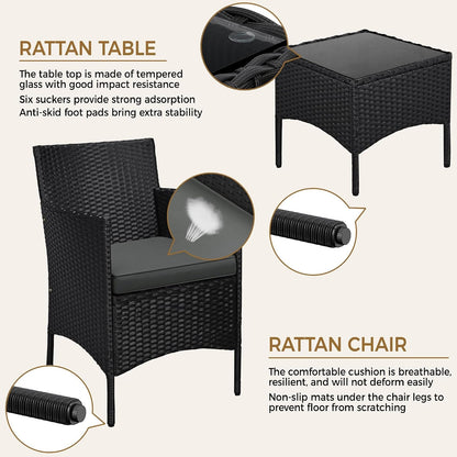 3 Pieces Patio Porch Furniture Set, Outdoor PE Rattan Wicker Conversation Set with Soft Cushions, Glass Coffee Table & 2 Chairs for Garden/Deck/Courtyard/Poolside, Black/Gray3